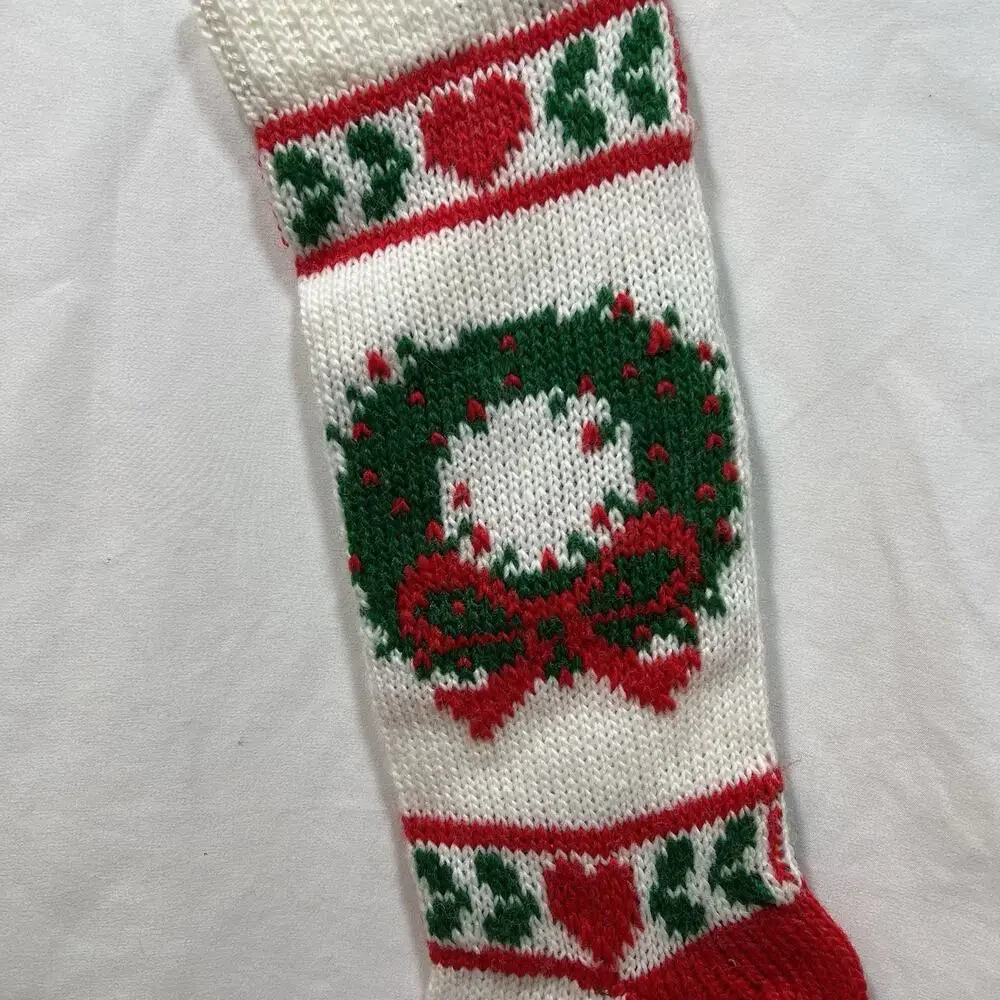 Vintage Knit Christmas Stocking with Wreath & Hearts Red White Green Country